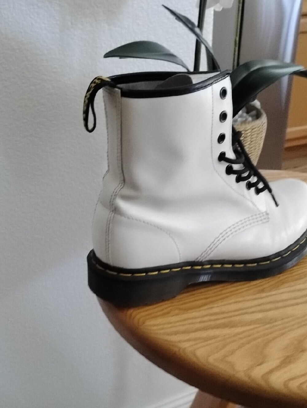 Dr. Martens White Leather Lace-Up Combat Boot with Black Trim - Picture 3 of 10